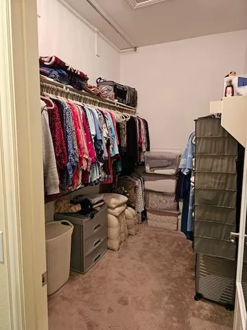 a view of walk in closet with clothes and shoes