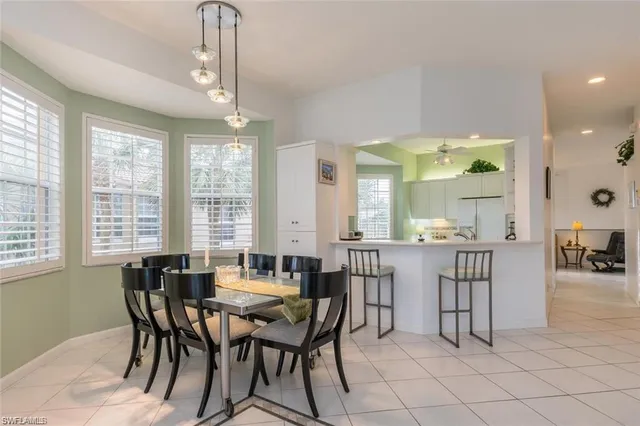 a view of a a dining room with furniture window and outside view