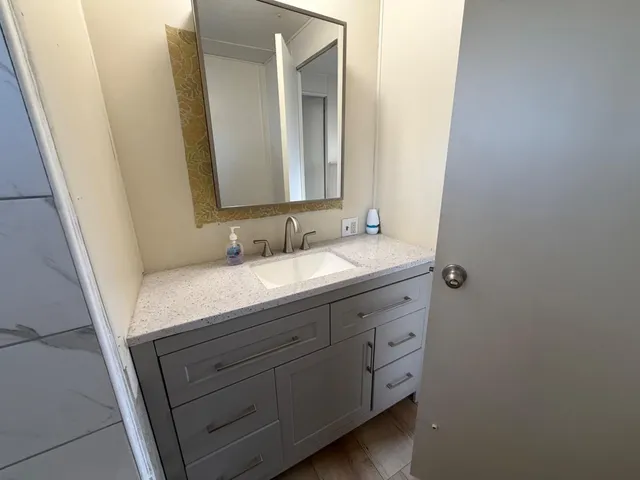 a bathroom with a sink and a mirror