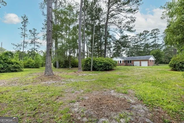 a view of a backyard with large trees