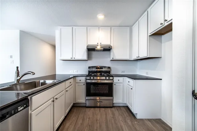 a kitchen with stainless steel appliances granite countertop white cabinets a stove a sink and dishwasher
