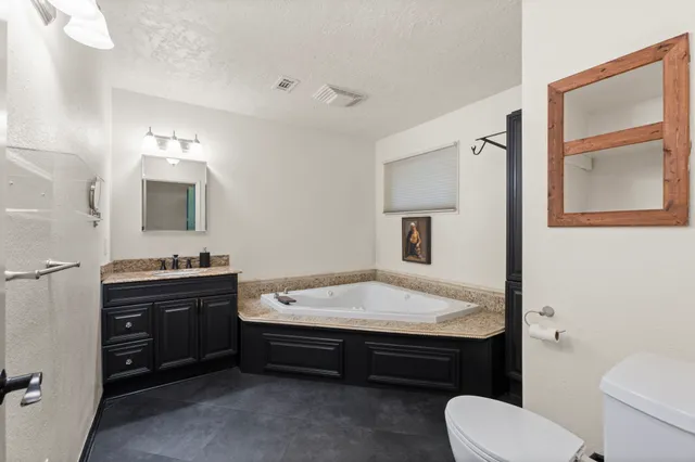 a bathroom with a sink a toilet and mirror