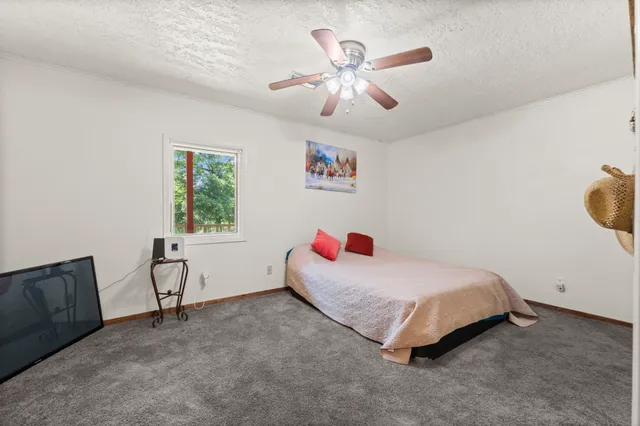 a bedroom with a bed and a chandelier