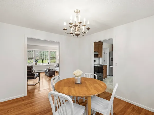 a view of a dining room with furniture wooden floor and chandelier