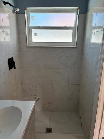 a bathroom with a bathtub