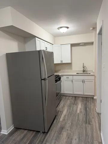 a kitchen with a refrigerator a sink and cabinets