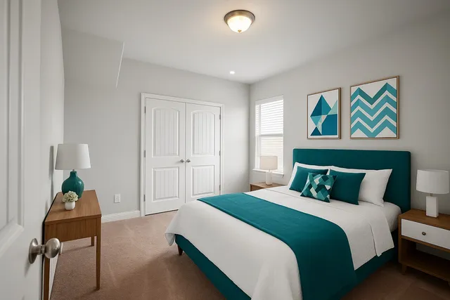 a bedroom with a bed and painting on the wall