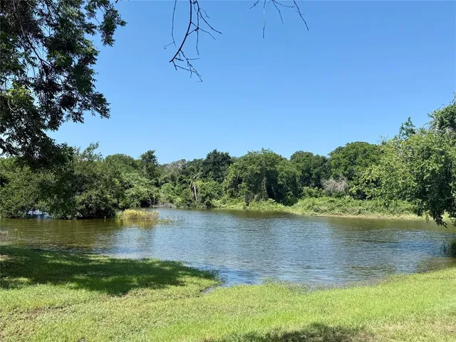 an aerial view of green landscape with trees houses and lake view