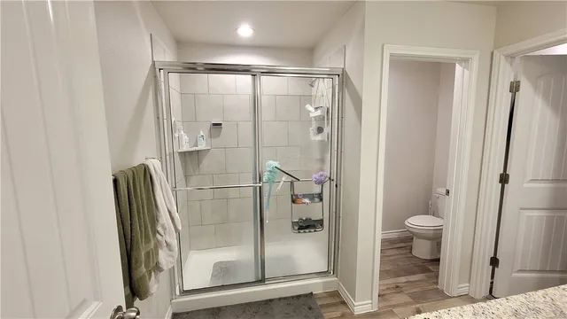 a bathroom with a shower and toilet