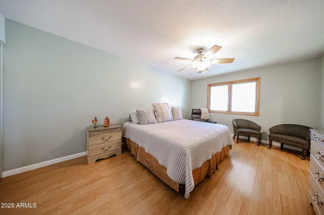 a bedroom with a bed and a ceiling fan