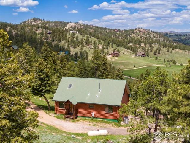 an aerial view of residential houses with outdoor space and trees