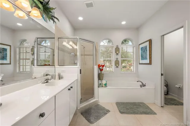 a bathroom with a double vanity sink mirror and shower