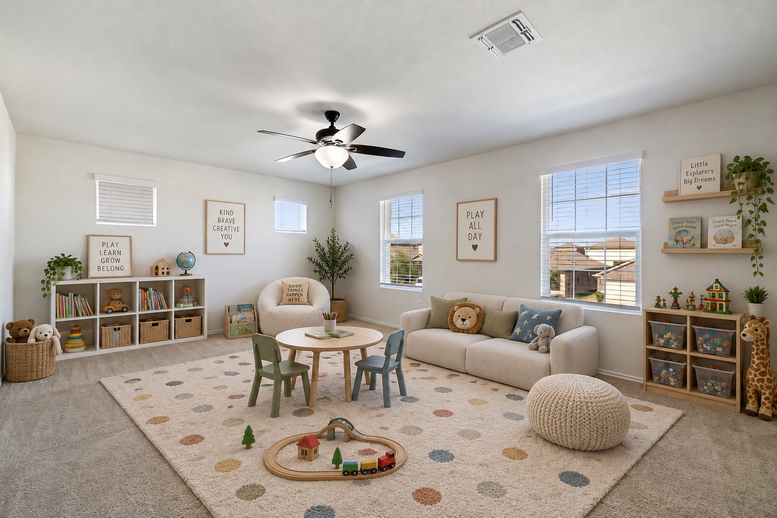 15011 Tuff Rd Manor Manor, TX 78653 - Photo 21 of 37 Virtually staged upstairs playroom with space for a play area, reading nook, and toy storage, brightened by four windows and a ceiling fan.