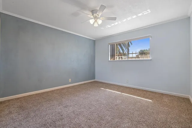 a view of an empty room with wooden floor and a carpet