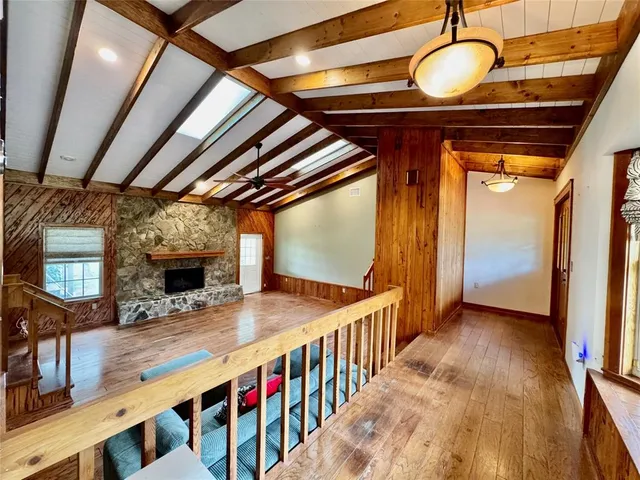 a living room with a fireplace