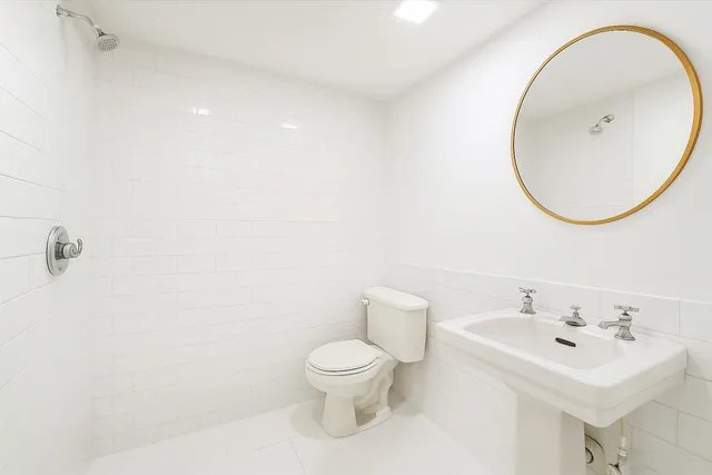 a bathroom with a toilet a sink and a mirror