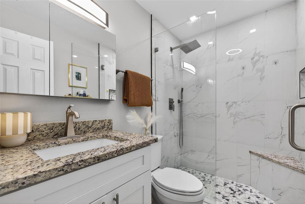 6501 Livingston Avenue North St. Petersburg, FL 33702 - Photo 15 of 31 a bathroom with a granite countertop sink a mirror a toilet and shower