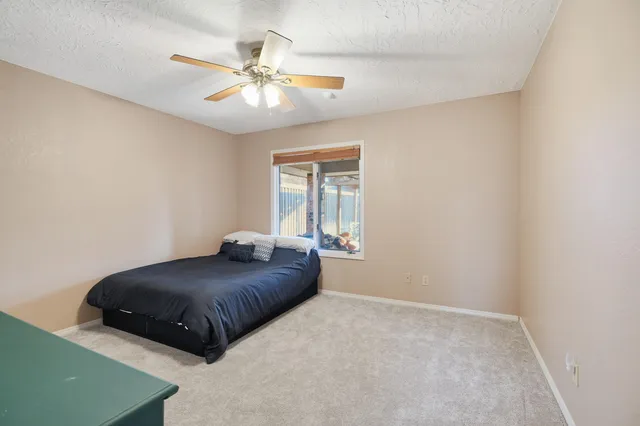 a living room with a bed and a ceiling fan