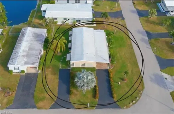 an aerial view of a swimming pool