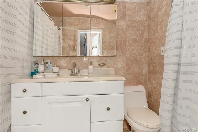 a bathroom with a sink a toilet and mirror