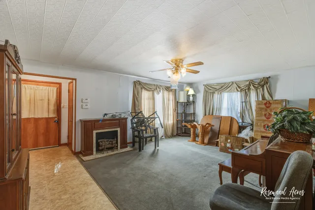 a living room with furniture and a fireplace