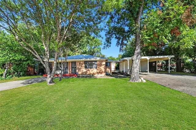 a view of a house with backyard and a tree