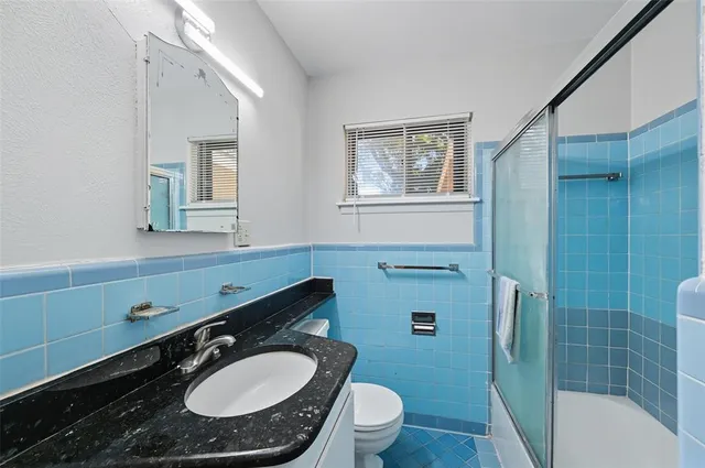 a bathroom with a sink toilet a mirror and shower