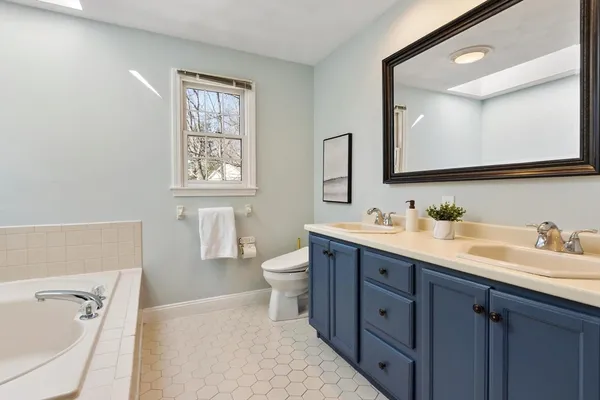 a bathroom with a tub sink double vanity and mirror