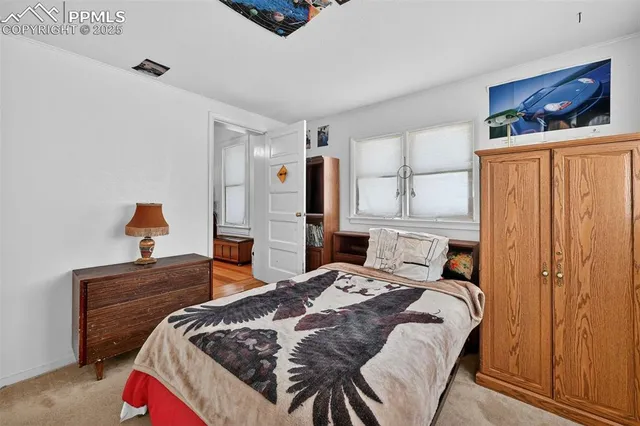 a bedroom with a bed and dresser