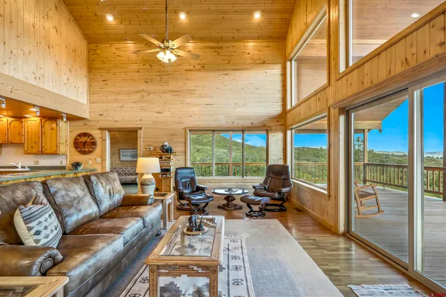 a living room with furniture a rug and a floor to ceiling window