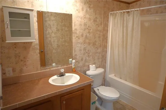 a bathroom with a sink a toilet a mirror and shower