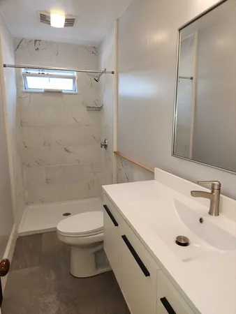 a bathroom with a sink a toilet and shower