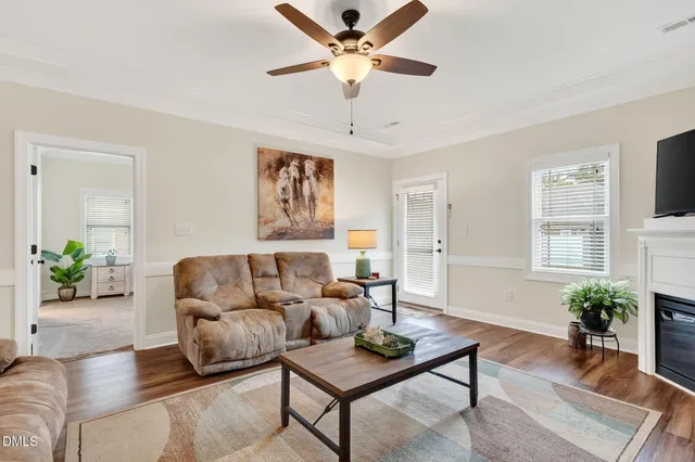 a living room with furniture and a potted plant