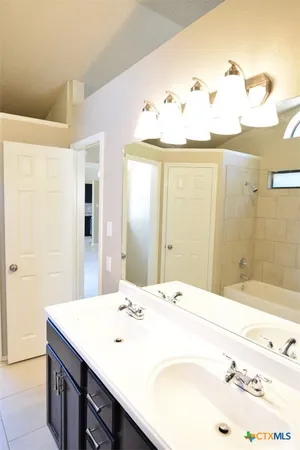 a bathroom with a sink a shower and a mirror