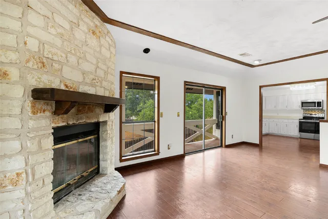 a living room with a fireplace