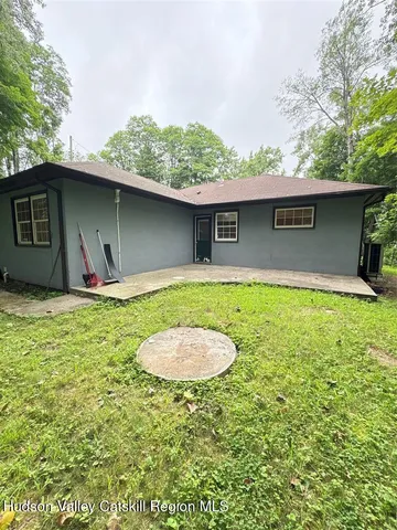 a view of a yard with plants and large trees