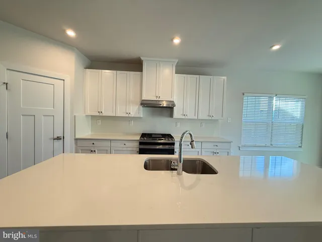 a kitchen with a sink a stove and cabinets