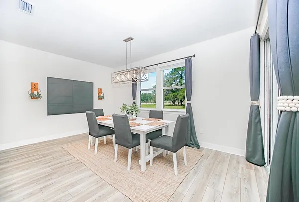 a view of a dining room with furniture window and outside view