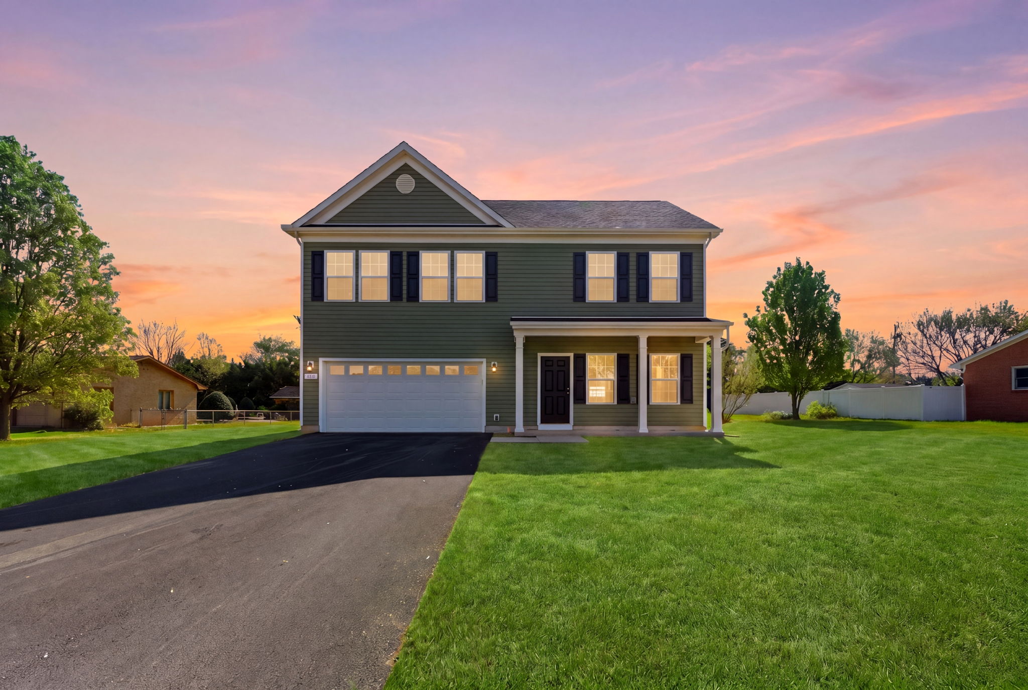 a front view of a house with a yard and garage