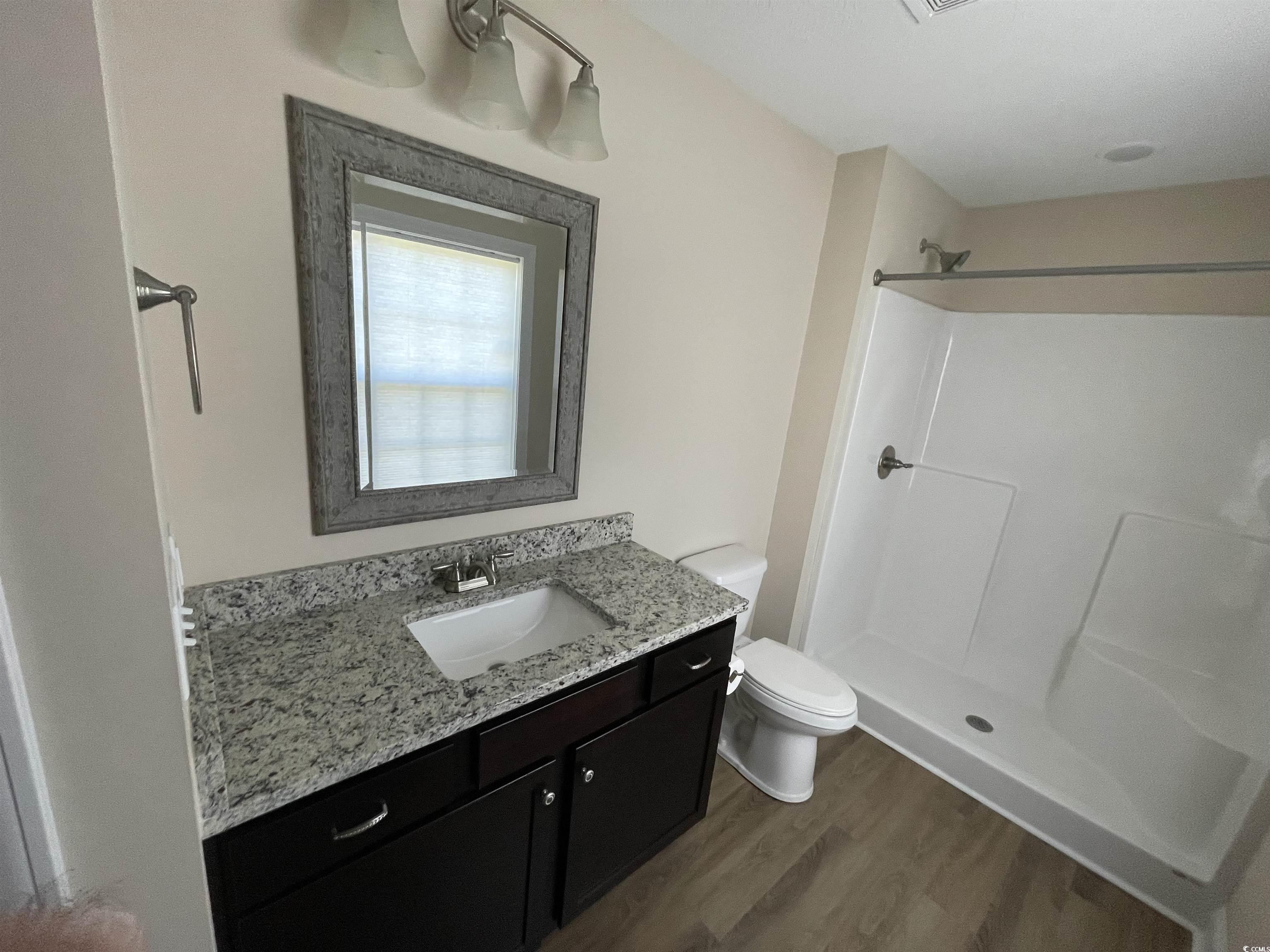 6765 Highway 66 Loris, SC 29569 - Photo 13 of 20 Full bathroom with vanity, a stall shower, wood fi