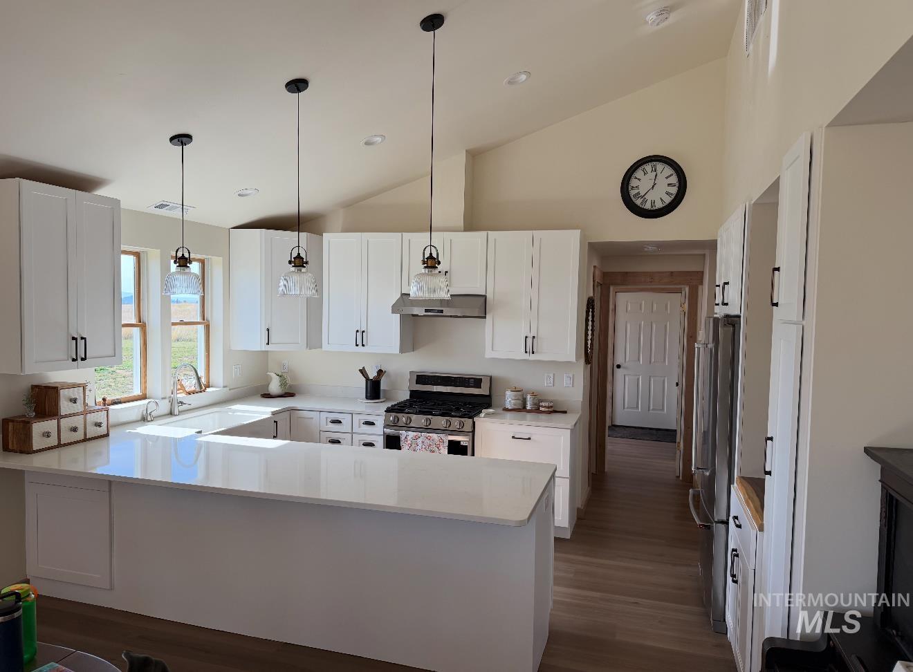 263 Glory Lane Orofino, ID 83544 - Photo 11 of 48 Kitchen featuring white cabinets, stainless steel appliances, a peninsula, vaulted ceiling, and dark wood finished floors