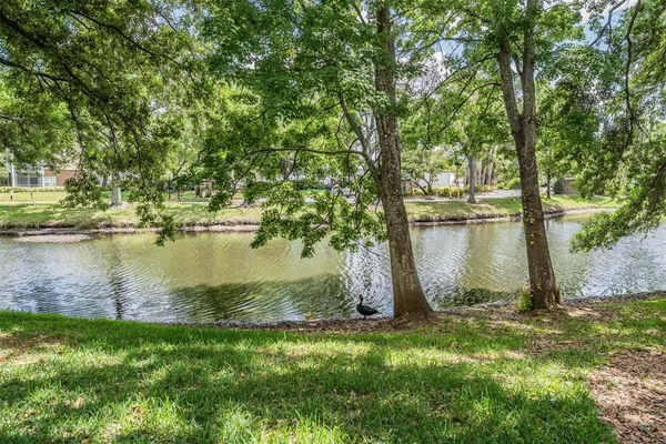 a backyard of a house with lots of green space and lake view
