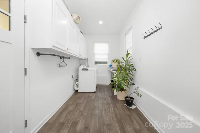 a view of a hallway with wooden floor and a potted plant