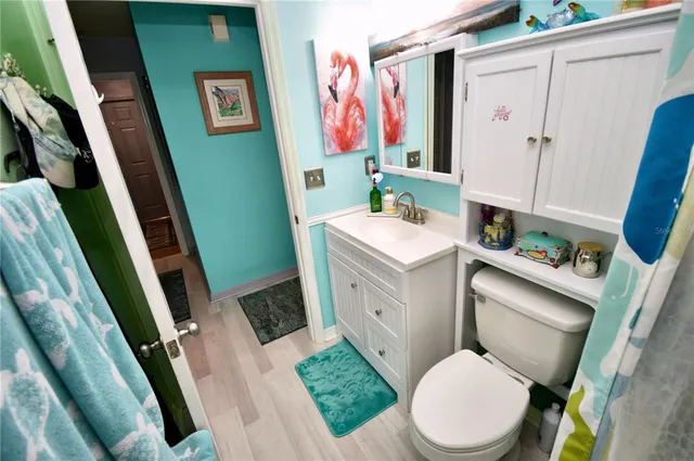 a bathroom with a sink toilet and shower curtain