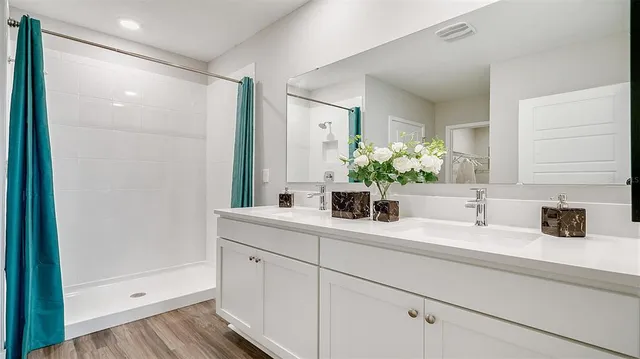 a bathroom with a sink and a mirror