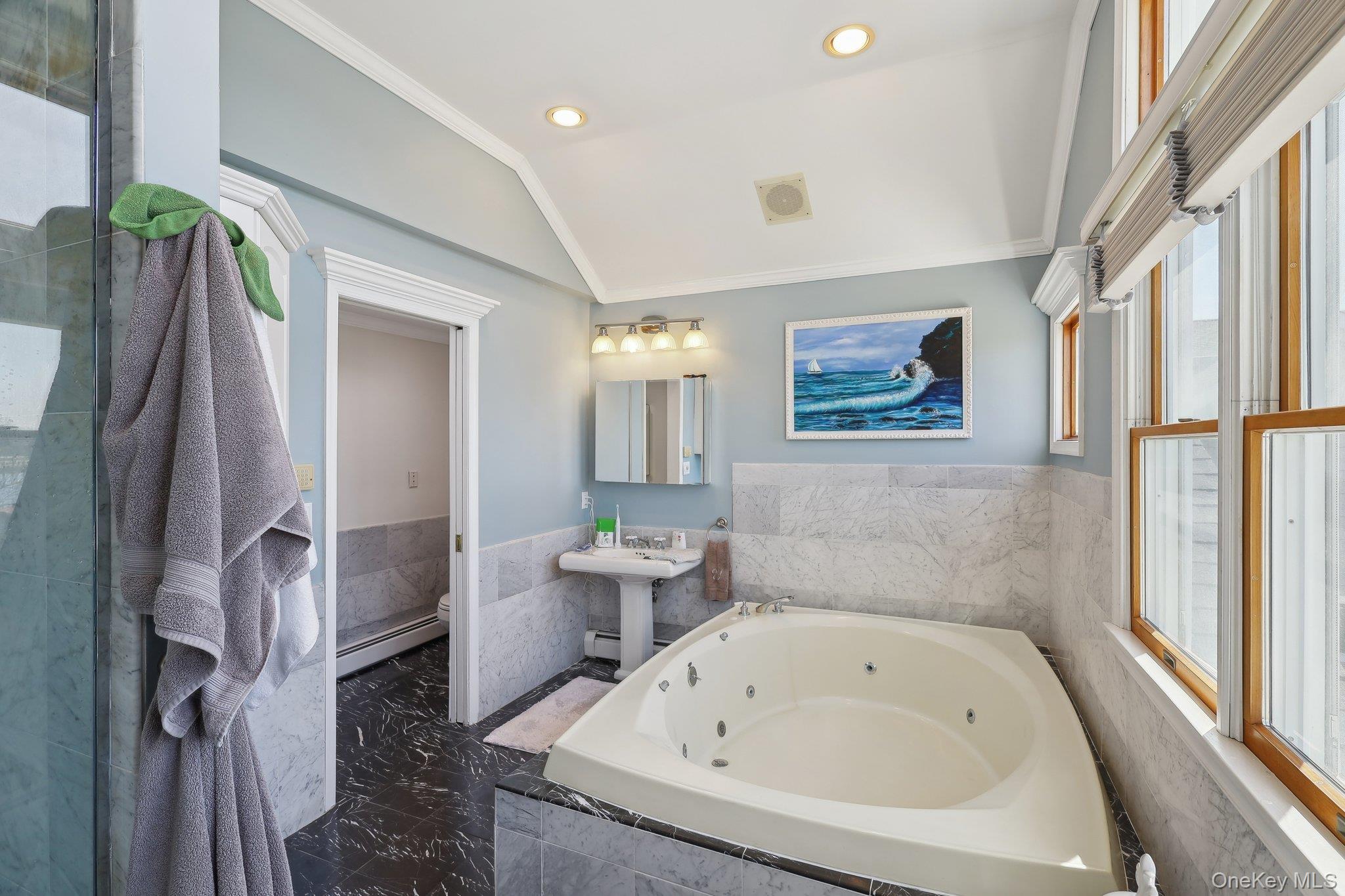 230 West Islip Road West Islip, NY 11795 - Photo 31 of 50 Bathroom featuring crown molding, toilet, a baseboard heating unit, a whirlpool tub, and lofted ceiling