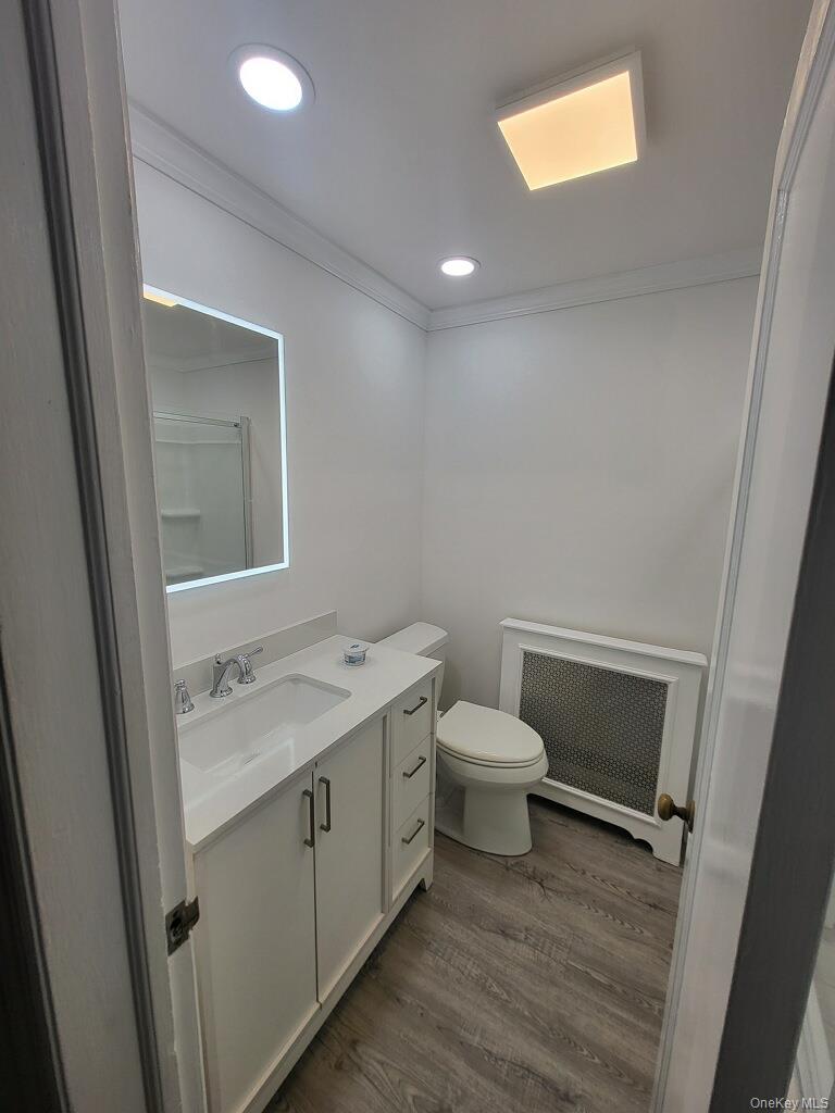 230 West Islip Road West Islip, NY 11795 - Photo 34 of 50 Full bath with radiator heating unit, wood finished floors, ornamental molding, vanity, and toilet