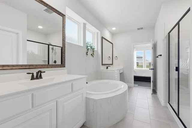 a bathroom with a tub sink a mirror and vanity