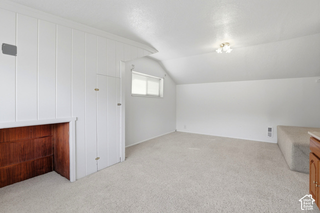 380 North 300 East Mapleton, UT 84664 - Photo 15 of 35 Sloped ceilings with a flush mount light fixture, carpeting, wood-paneled walls, and built-in cabinetry