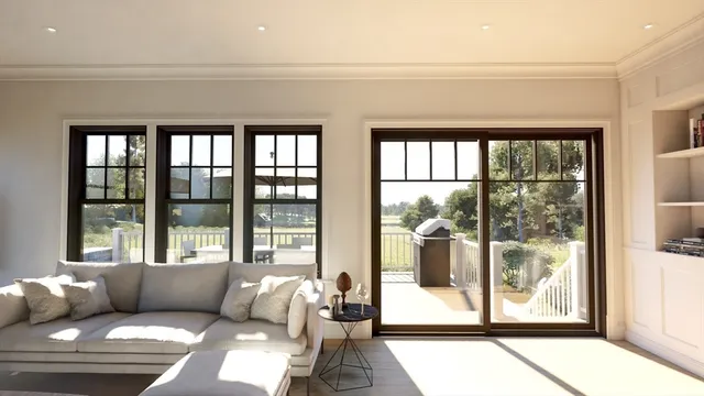 a living room with furniture and large window